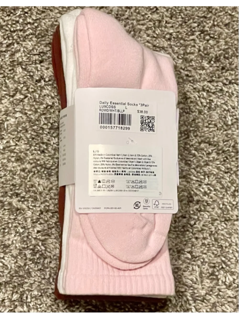 Lululemon Unisex Daily Essential Crew Socks, 3-Pack, Size Large, NWT